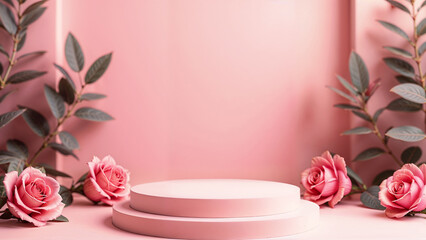 Podium with 3D roses on pink background, suitable for displaying cosmetic products