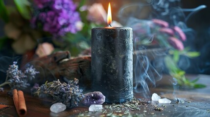 Casting a spell with a black candle, crystals, and herbs, with a mystical...
