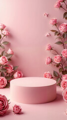 Podium with 3D roses on pink background, suitable for displaying cosmetic products