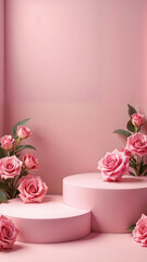 Podium with 3D roses on pink background, suitable for displaying cosmetic products