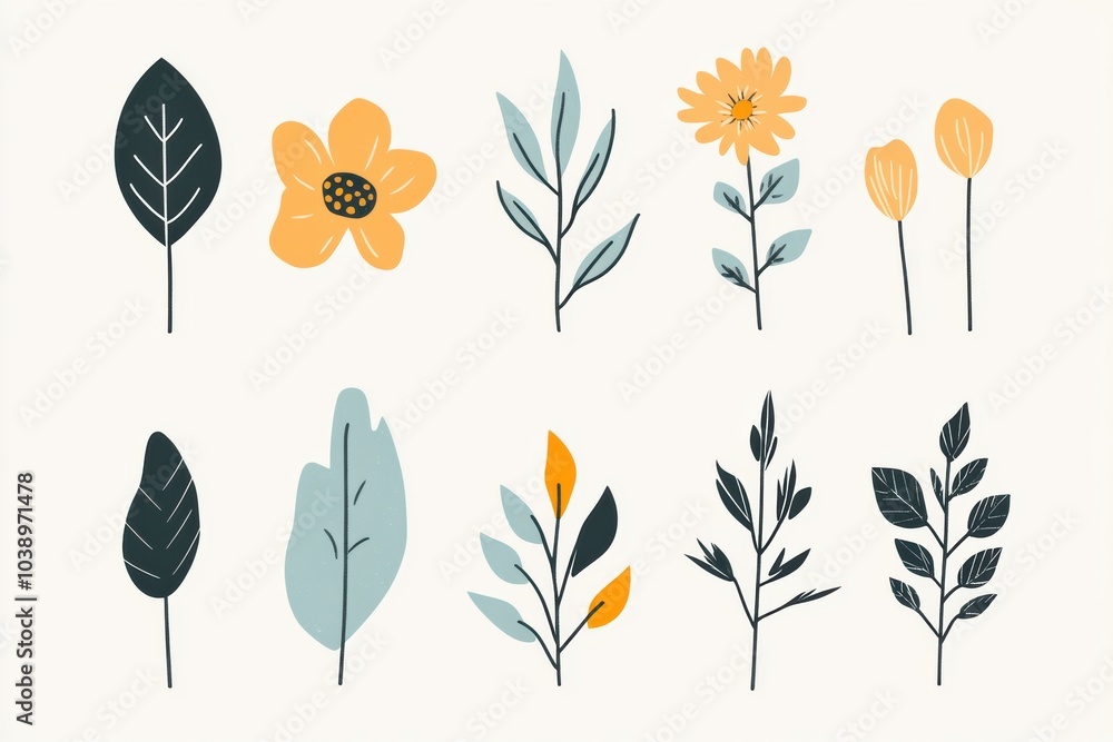 Wall mural Doodles of various leaves and flowers in soothing colors, showcasing a contemporary, minimalist approach to nature-inspired art. Generative AI