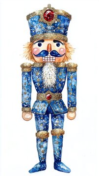 glittery full body nutcracker figure dressed in distinct, colorful outfits adorned with sparkling details. dressed in blue , gold glitter , hat ,a red gem, classic facial features, mustaches & eyes