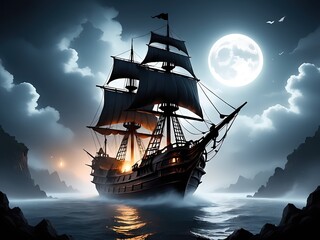 Fototapeta premium Spooky Halloween Night with Flying Dutchman Pirate Ship Under Full Moon in Foggy Forest Near Abandoned Castle with Pumpkins and Ghostly Clouds Cartoon Illustration