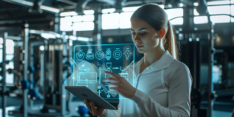 "Gym Professional Tracking Performance with Technology, Smart Fitness App"
