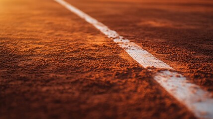 A tennis court's clay surface with a focus on the red clay and baseline, outdoor setting with evening light, Rustic style