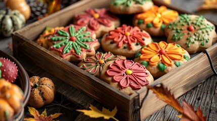 Fototapeta premium Close-up of fall-themed cookies decorated with seasonal colors, set on a...