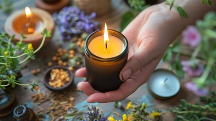 Close-up of hands anointing a candle with essential oil, surrounded by herbs...