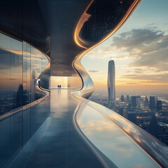 Fototapeta premium Futuristic Skywalk with City Skyline: Modernist and Cutting-Edge Design