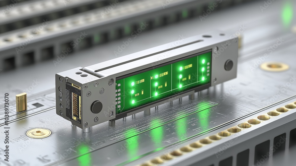 Poster a glowing green microchip on a circuit board, symbolizing cutting-edge digital technology, innovatio