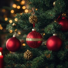 Fototapeta premium New year’s spirit reflected in delightful ornaments on the holiday tree