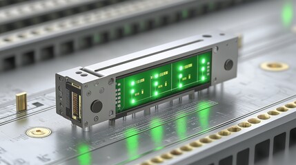 A glowing green microchip on a circuit board, symbolizing cutting-edge digital technology, innovation in electronics, and the future of modern hardware, Generative Ai