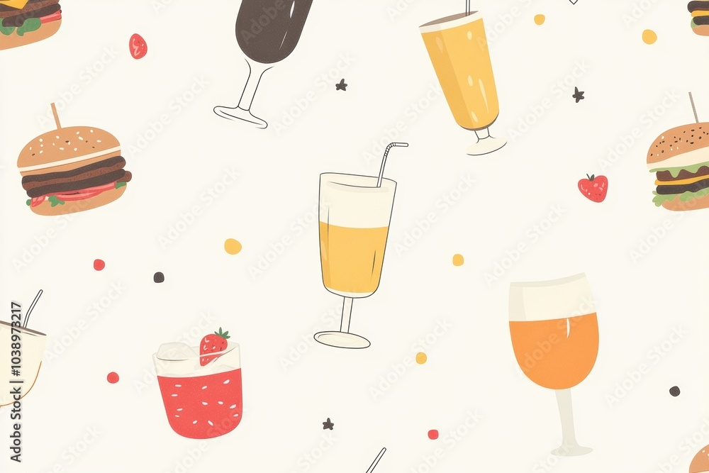 Poster this minimalist design showcases an assortment of drinks and burgers against a simple background, pe