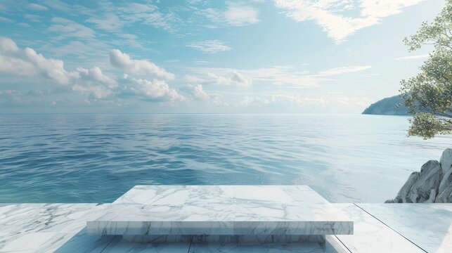Elegant white marble podium overlooking a serene sea, embodying luxury and sophistication