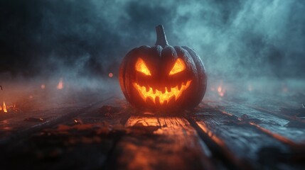 A carved pumpkin glows in the misty autumn forest on a quiet Halloween night