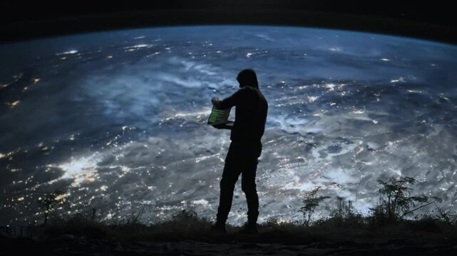 Social Media Hacker In Front Of Night Earth Communication Network Control New World Order Conspiracy Surveillance Hacks Leaks Red Epic 8k