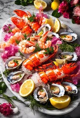 colorful vibrant seafood platter aesthetically displayed chilled icy marble surface food, shellfish, shrimp, lobster, fish, ice, presentation, garnish