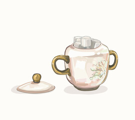 pink ceramic vessel sugar container old style illustration on white bakground