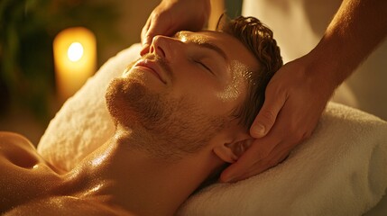 performing a head and neck massage on a client lying on a soft towel. The person receiving the massage has a relaxed expression,