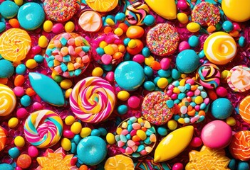 Fototapeta premium vibrant candy arrangement displayed colorful highlighting array sweet treats vivid colors fun designs, backgrounds, elements, assortment, presentation, sugar