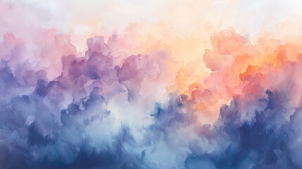 vibrant sunset painted in watercolors, blending pinks, oranges, and blues into a mesmerizing cloudscape