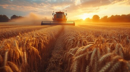 Fototapeta premium Harvesting wheat at sunset in a serene rural landscape with a combine harvester working through golden fields