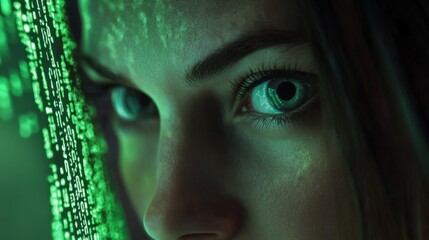 Close-up portrait of a female hacker with green binary code reflections on her face