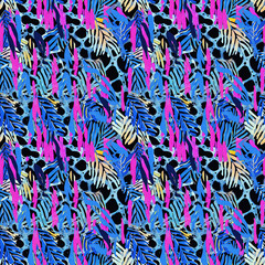 Fun girly camouflage pattern in vibrant stripes and spotted seamless design . Modern skin texture patched effect for festival and beach wear style in repeat .