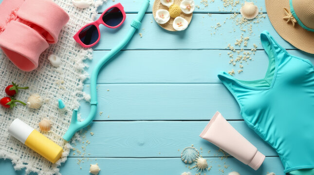 Sommerurlaub Essentials auf Holztisch
