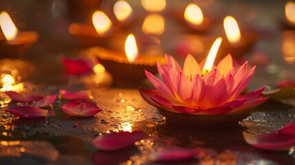 Serene Lotus Pond with Floating Candles at Twilight