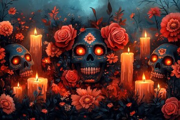 A Skull Adorned with Flowers and Candles.
