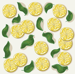 realistic Citrus slices fresh seamless pattern decorated with leaves lemon summer food illustration isolated on white background
