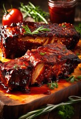 deliciously smoky bbq ribs glazed flavorful sauce drizzling over juicy meat perfect any gathering backyard cookout, barbecue, seasoning, smoke, grill