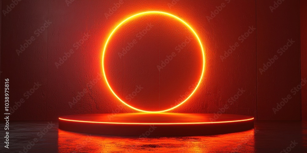 Poster Neon Circle Light with Red Platform and Reflection
