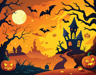 Halloween Night Haunted House Spooky Bats JackoLanterns
