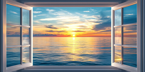Fototapeta premium Beautiful sunset over the sea from the window