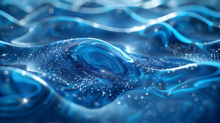 Abstract Blue 3D Background with Wavy Lines and Glowing Particles