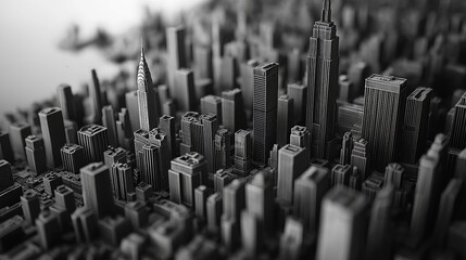 A monochrome aerial view of towering skyscrapers in a bustling metropolis, showcasing the dense urban architecture and perspective of the city, Generative Ai