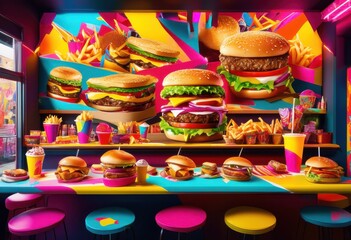 colorful vibrant fast food layout featuring diverse bright backdrops eye catching visual appeal, appetizing, burgers, cuisine, delivery, dessert, drinks
