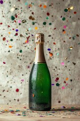 A bottle of sparkling wine on a festive confetti covered table during a celebration