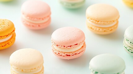 Obraz premium A cluster of macaroons resting on a tabletop beside one another on a pristine white background