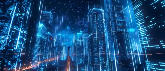 Naklejka premium Futuristic Cityscape with Cybernetic Skyscrapers at Night
