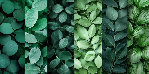 Various green leaves in aligned vertical strips showcase diversity and harmony, emulating natural complexity and order.