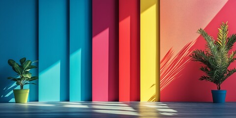 Brightly colored panels with plants form lively artistic composition with playful lights and shadows in vibrant interior.