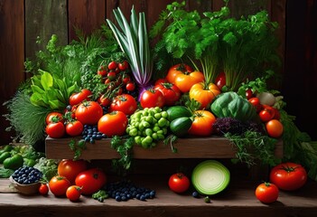 vibrant arrangement showcasing fresh colorful vegetables fruits dynamic textures rich hues perfect culinary inspiration, freshness, nature, organic, healthy