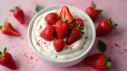 Delicious yogurt garnished with fresh strawberries, top view
