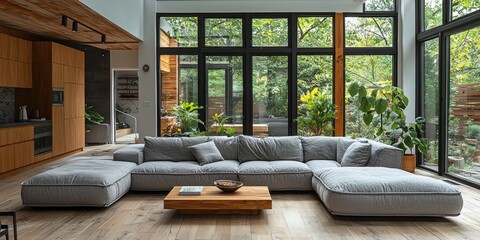 Modern Living Room with Large Grey Sectional Sofa and Wooden Coffee Table