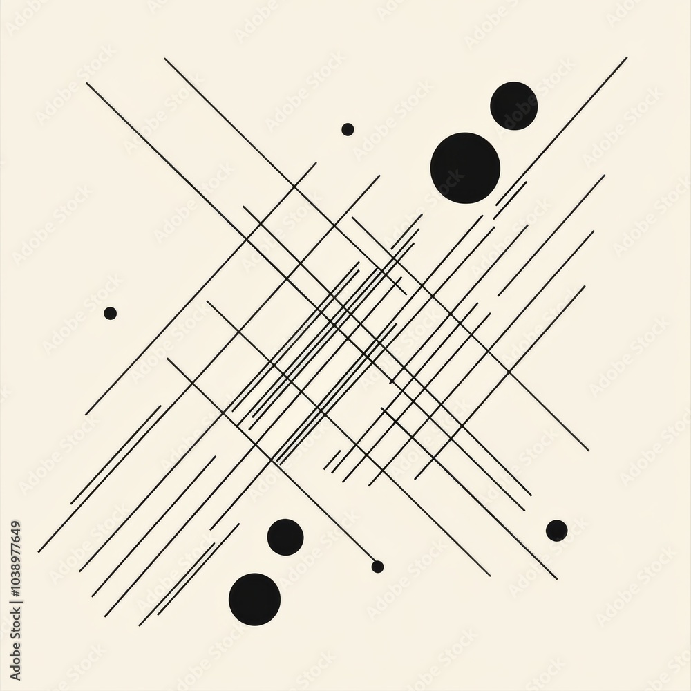 Aufkleber Black diagonal lines cross a light background, intersecting with circles of different sizes, resulting in a striking minimalist design. Generative AI