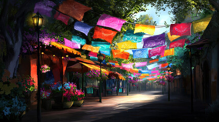 Naklejka premium Street adorned with vibrant umbrellas dangling from buildings, filling both sides