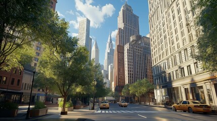 A peaceful summer day on the quiet streets of Manhattan, with tall skyscrapers and lush trees lining the road, creating a calm urban landscape, Generative Ai