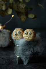 Funny spooky french macarons beige with eyes on dark background with spiders and spider net